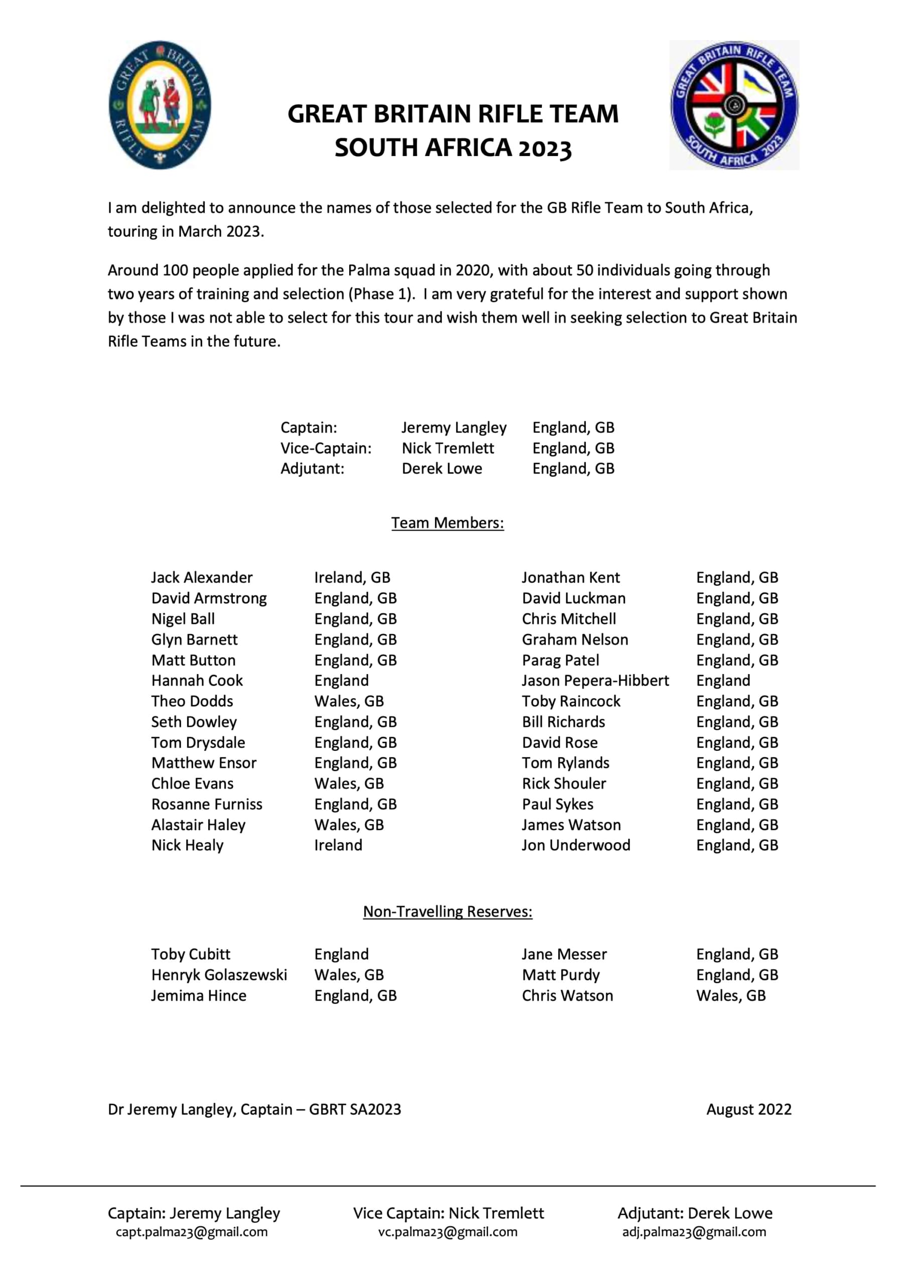 South Africa 2023 Team Announcement